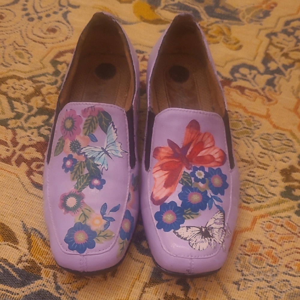 Purple Artist Hand Decopuged Floral Loafers Flats Naturalizer S8 Cottage Boho